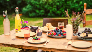 Dinner table set in the garden