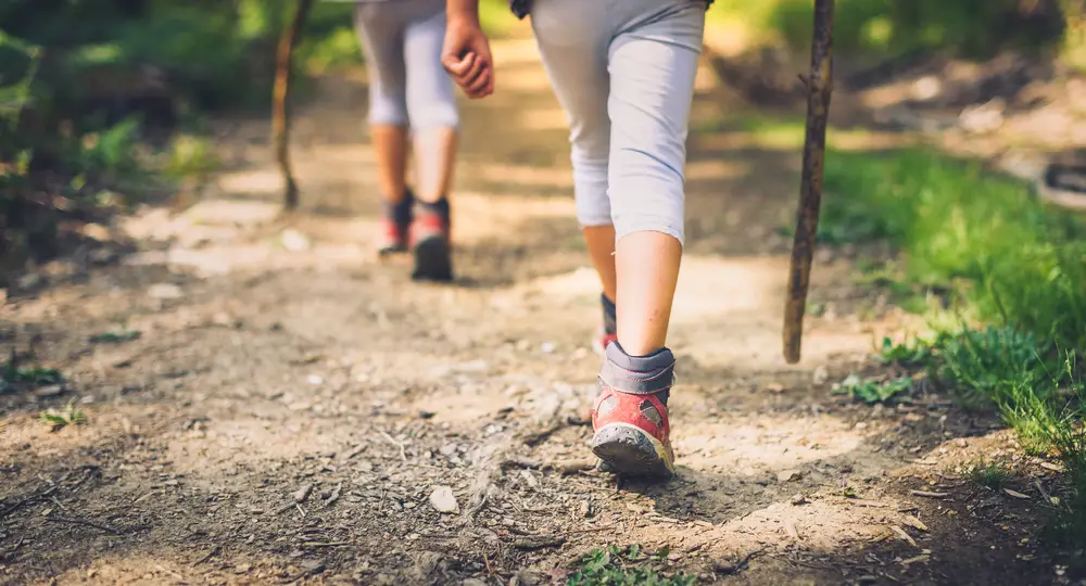 Two people walking on path carrying walking sticks