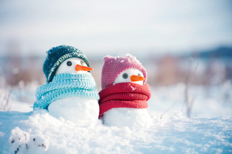 Two-miniature-snowmen-wearing-a-hat-and-scarf.