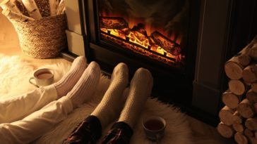 Couple-wearing-knit-socks-seated-on-furry-rug-and-stretching-their-legs-in-front-of-fireplace