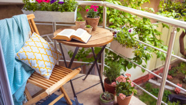 Cozy-balcony-terrace-with-variety-of-potted-flowering-plants-beside-table-and-chair